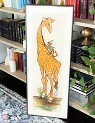 Signed Kristin Schuyler Original Ink & Watercolor Giraffe Monkey Art Framed