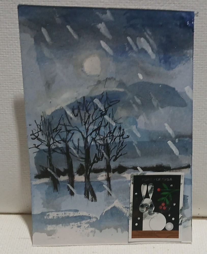 Postal Whimsy ACEO OOAK – White Rabbit Forever Stamp Winter Blizzard Scene