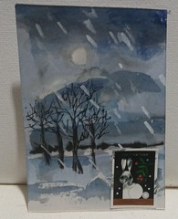 Postal Whimsy ACEO OOAK – White Rabbit Forever Stamp Winter Blizzard Scene