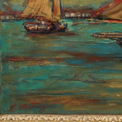 Framed 20th Century Oil – Boats at Sunset