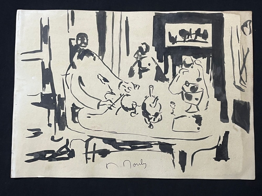 MARCEL MOULY drawing and painting on old paper signed stamped vintage