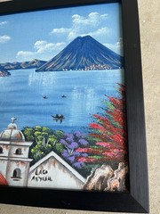 Vintage Guatemala Folk Art Oil Painting Lake Atitlan 12 x 10