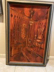 THE RED ROOM, FRAMED OIL ON WOOD ETCHING, ONE OF A KIND