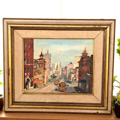 VTG Mid-Century Oil on Board Painting Cable Cars Cityscape Framed Signed