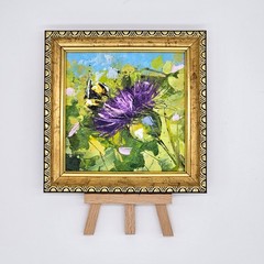 Bumblebee Thistle Oil Painting Floral Nature Framed Original Art 4×4 Decor