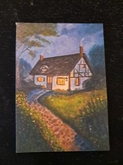 ACEO Cottage Forest Night Landscape Painting | Heartandhorizonart