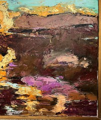 ABSTRACT MODERNIST LANDSCAPE PAINTING W/ GOLD LEAF SIGNED DIANA MULDER? 24″