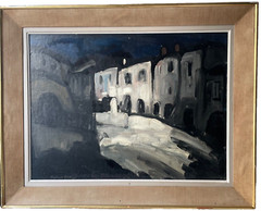 Mystery Expressionist Modernist Oil Painting 1950’s Signed – Night on the City