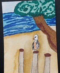 ACEO Original Art Card ATC Watercolor OOAK Signed Seascape Pelican Tree By GAT