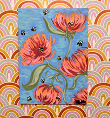 ACEO Original Art pink flowers dahlias bumblebees bees bee by Kai Robin Courtney