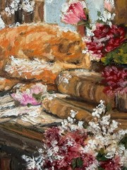 Orange Cat Original Art Still Life Wall Art Animal Oil Pastels Art Flowers Art