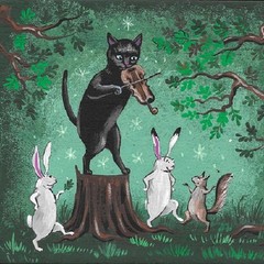 4×4 PRINT OF PAINTING RYTA BLACK CAT EASTER RABBIT BUNNY SQUIRREL Folk Art Music
