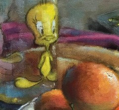Tweety Bird Looney Tunes with Pocket Watch 14×11 in Oil on canvas HALL GROAT II