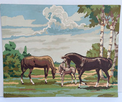Vintage MCM Paint by Numbers art Horses landscape 16″x 20″