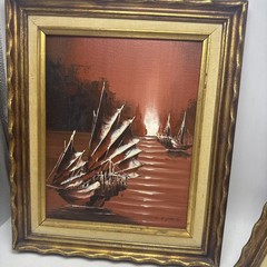 C.K Fang Acrylic Painting Vintage Gold Frame 13″ x 11″ Red Sky Boat Scene Set 2