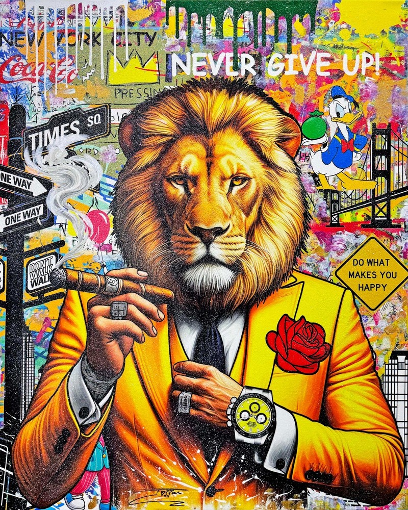 Jozza „Yellow Rolex!“ | Huge Original Painting with Diamond Dust | 60×48″ | Lion