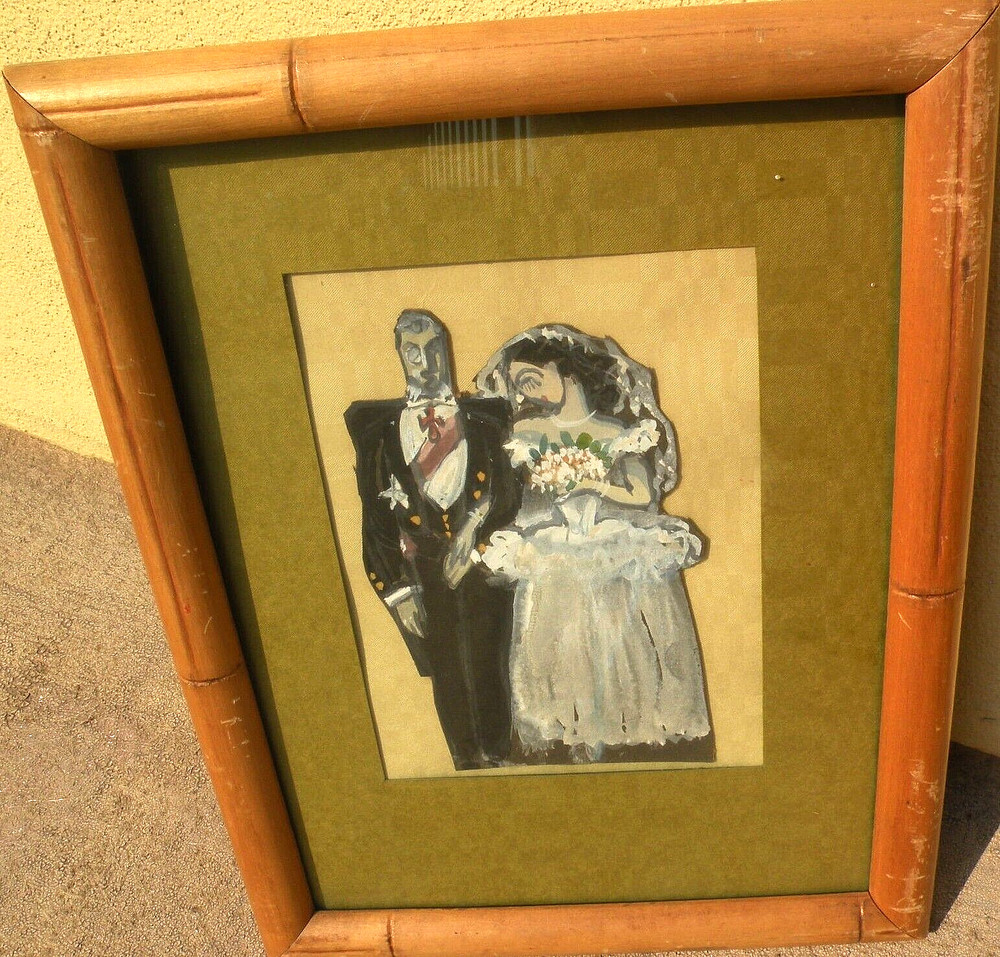 Unique whimsical vintage cut out gouache painting of Edwardian married couple