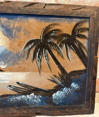Vintage 80s Black Velvet Painting Beach Palm Trees Sunset Island Surf Art