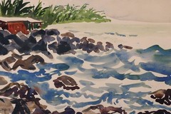 Vintage Coastal Scene With Rocks Ocean Watercolor Painting Signed Nancy M Kirk