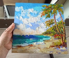 Seascape Original Oil Painting Hawaii Beach Seaside Palm Trees on Panel 10x10in
