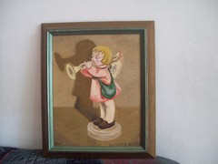 VINTAGE OIL PAINTING ON CARDBOARD -YOUNG ANGEL PLAYING TRUMPET