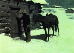 Oil painting Frederic-Remington-The-Belated-Traveler horse in landscape canvas