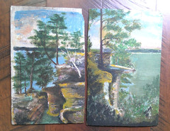 Antique Vintage Pair of Folk Art Oil Paintings Wisconsin Dells 13 by 8 inches