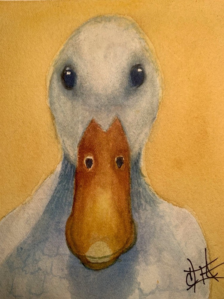 ORIGINAL Watercolor 5×5 White Duck Framed Farm Barn Cottage Desk Kitchen Decor