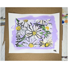 Daisies, Contemporary Expressionism 11×14 Purple, Green, & White Painted Paper