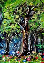 ACEO Original Painting MUSHROOMS Trees STARS Fern Woods Landscape Forest ATC ART