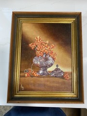 Original Oil Painting Still Life Wooden Frame Berries And Silver Urn