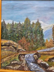 Stunning painting with Norwegian forest landscape, cottage decor, Farm house