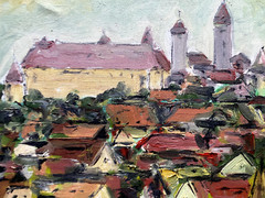 :OIL PAINTING CASTLE HARBURG SWABIA GIANT ° SIGNED KAMINSTKY ANTIQUE MEDIEVAL