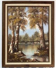 Original Oil Painting On Canvas Nature Scene 3 Trees River Signed Framed 18×24