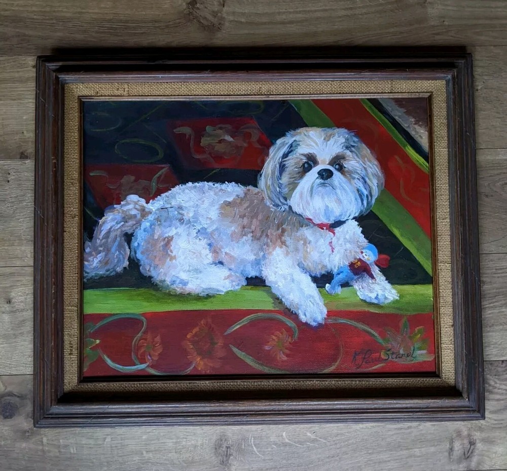 Shi Tzu Dog Art Original Oil Canvas Painting By Karen Paul Stanol