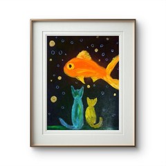 Cats At The Aquarium Figurative Abstract Expressionist Painting 11×14