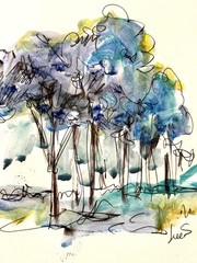 SAMATOWIC Original Abstract Trees 9×12 Blue Handmade Signed Fine Wall Art 17