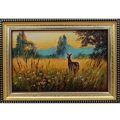 Deer Original Oil Painting 6×4 Framed Signed Fawn Landscape Sunset Wildflower