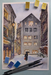 Urban Winter City Street Watercolor Painting Snowy Houses Windows Lights Art