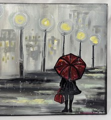 Original Rainy Night City Street Scene Oil Painting Signed Lady w/ Red Umbrella