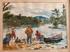 1940’s Adirondack Fish Camp Painting 11”x14” Frame Signed Skye