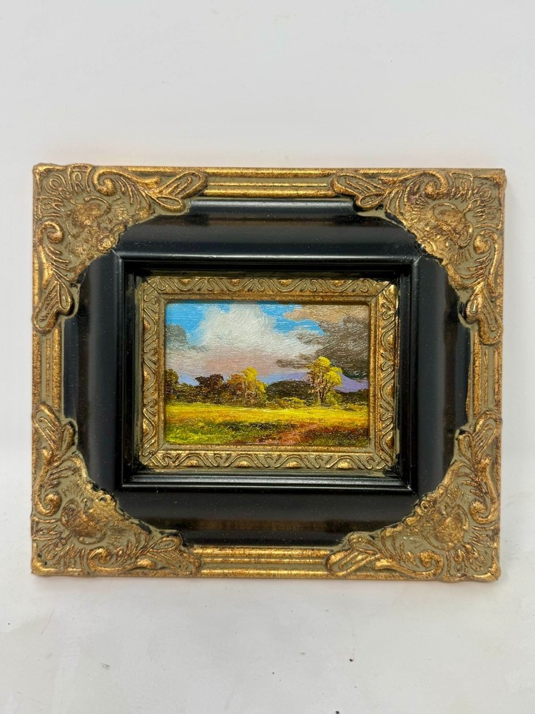 Vintage Mini Meadow Landscape Painting Ornate Black Gold Frame 8×7