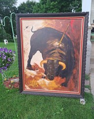 Carlo of Hollywood MCM Mortally Wounded Bull Oil Painting 50×40 Excellent!