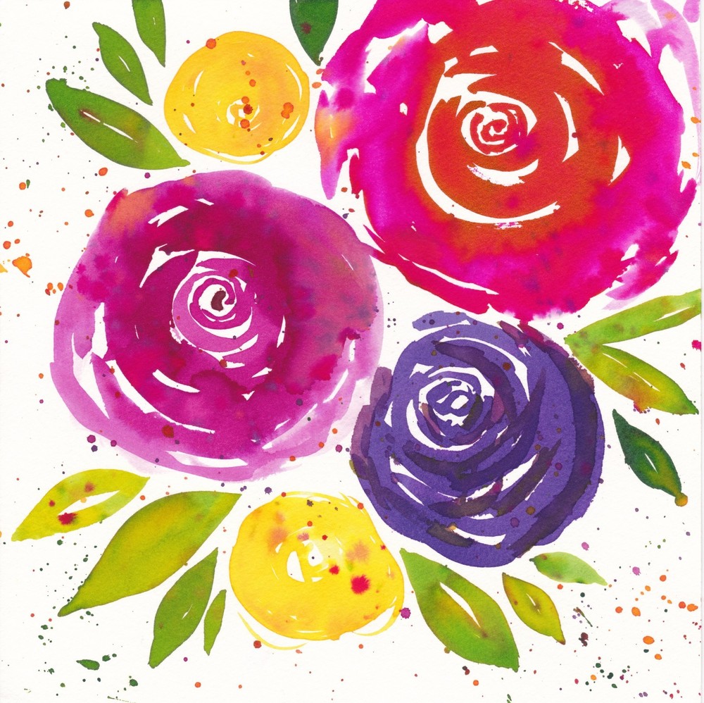 Original Print of OOAK Painting Bright Trio Watercolor Flowers