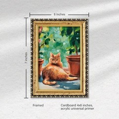 Original Oil Painting Ginger Cat Garden Flowers Pet Animal Art 4×6 Framed