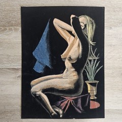 Vintage Black Velvet Nude Painting Seated Blonde 1970s 16×12 Art