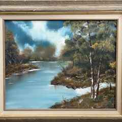 Vintage Landscape Oil Painting Framed & Signed, River Forest Serene Water Scene