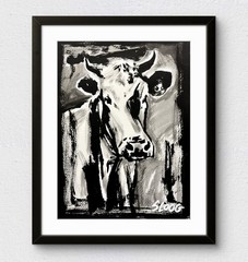 Sloog Original Art Monochrome Modern Bold Wall Art Painting on Paper 9×12 Cow
