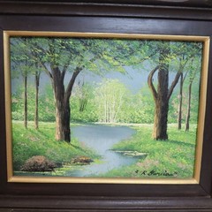 R Garcia Original Oil Painting Spring Landscape Tree Lake Pond Wood Framed