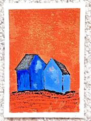Original ACEO Artwork in Sleeve + Greeting Card- HOUSES BLUE ORANGE LANDSCAPE